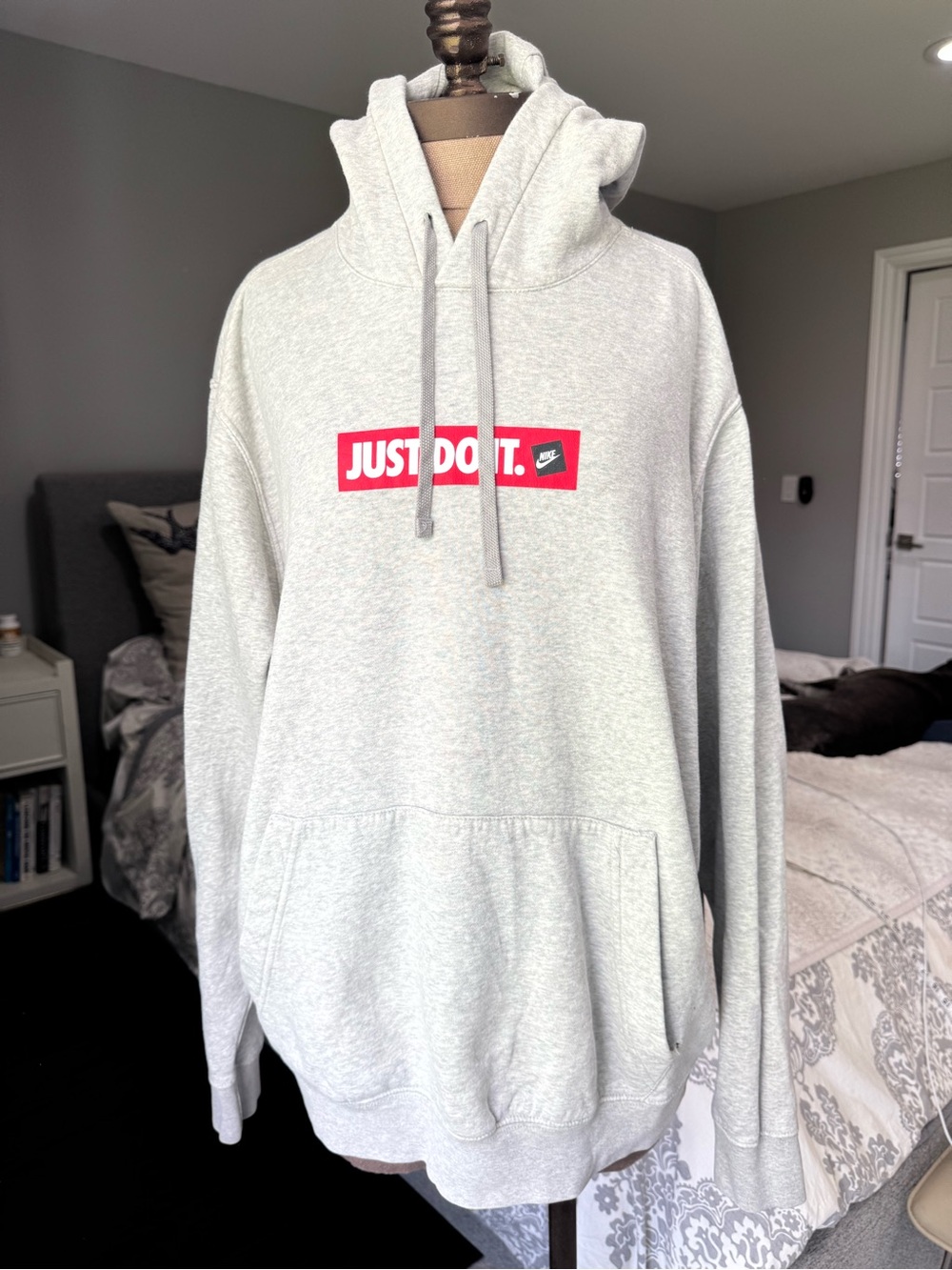 Nike Light Gray Crewneck Hoodie with Red 'JUST DO IT.' Chest Box
